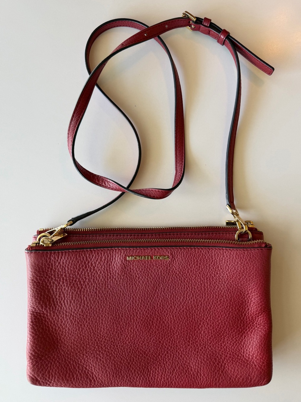 Michael Kors Red Pebbled Leather Zip Crossbody with Gold Hardware